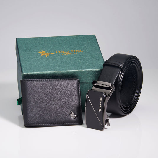 Mens Fortune Gift Box 2-in-1 Bundle Set RFID Protected Top Grain Leather Wallet Automatic Belt