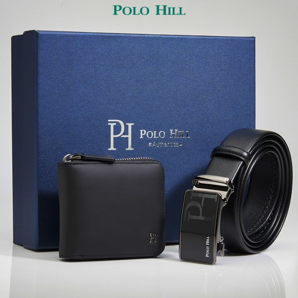 POLO HILL Men Premium Gift Box Bundle Set Genuine Leather RFID Secured Wallet Automatic Buckle PMAS-0A-004