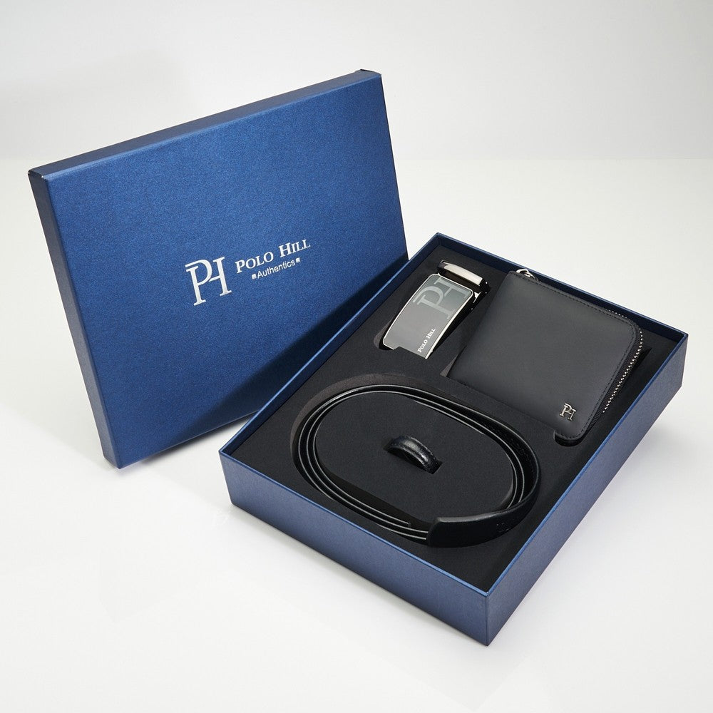 POLO HILL Men Premium Gift Box Bundle Set Genuine Leather RFID Secured Wallet Automatic Buckle PMAS-0A-004