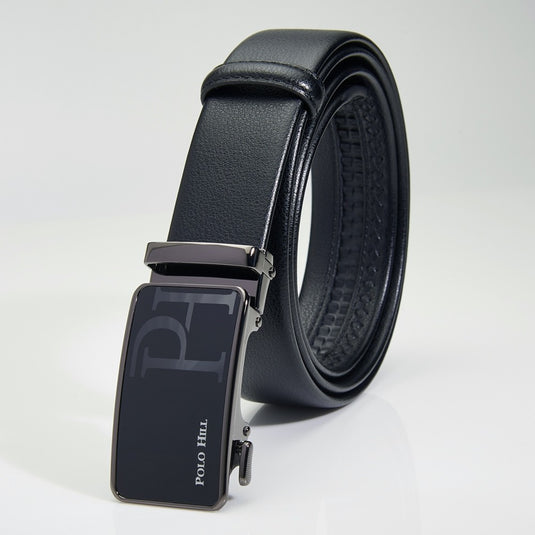 POLO HILL Men Premium Gift Box Bundle Set Genuine Leather RFID Secured Wallet Automatic Buckle PMAS-0A-004