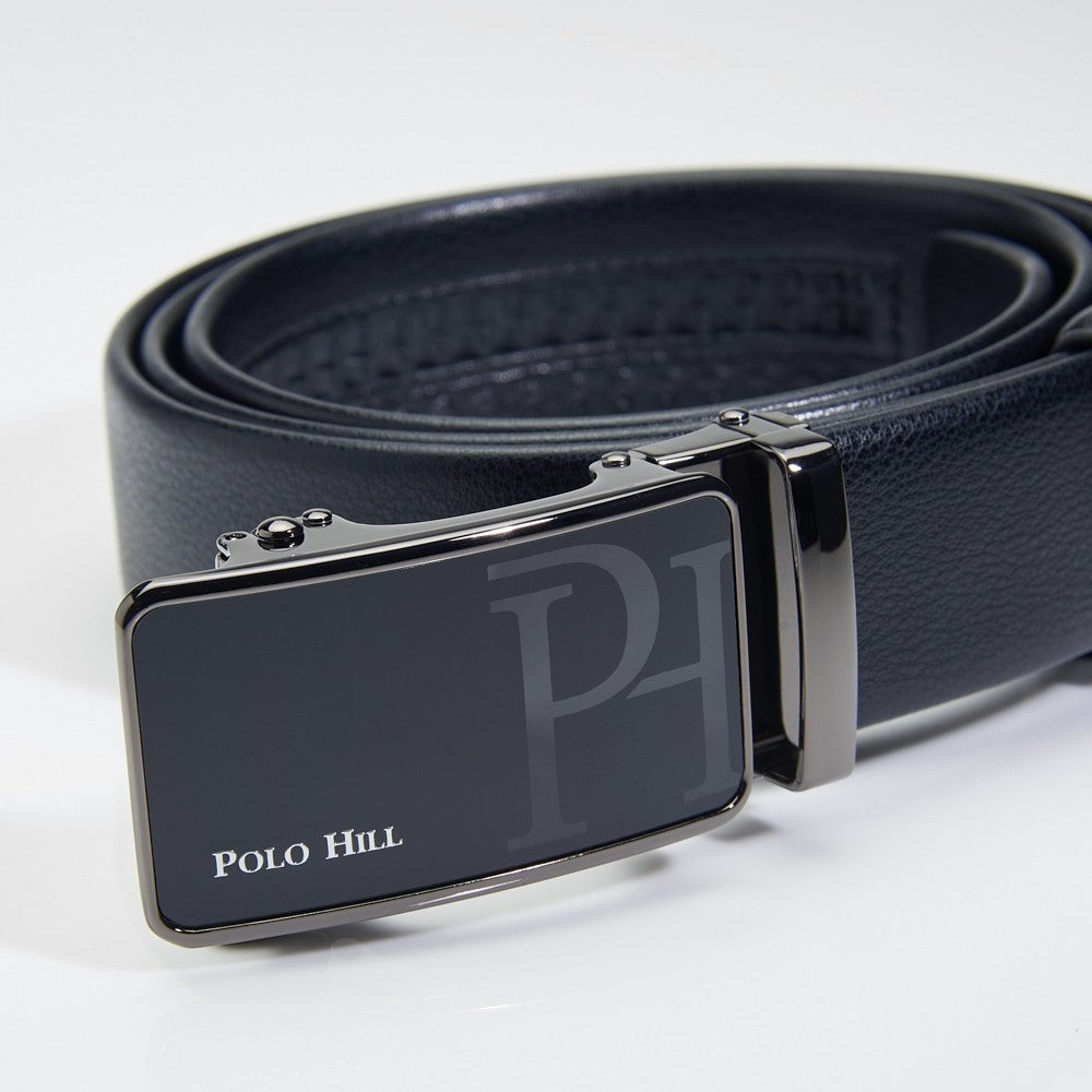 POLO HILL Men Premium Gift Box Bundle Set Genuine Leather RFID Secured Wallet Automatic Buckle PMAS-0A-004
