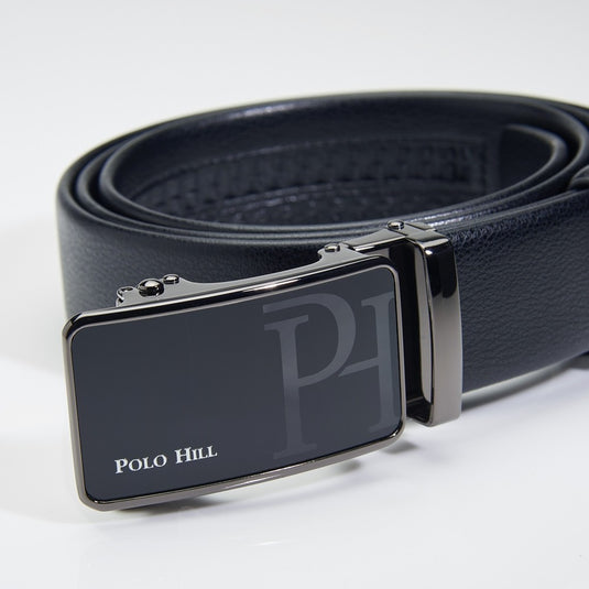 POLO HILL Men Premium Gift Box Bundle Set Genuine Leather RFID Secured Wallet Automatic Buckle PMAS-0A-004
