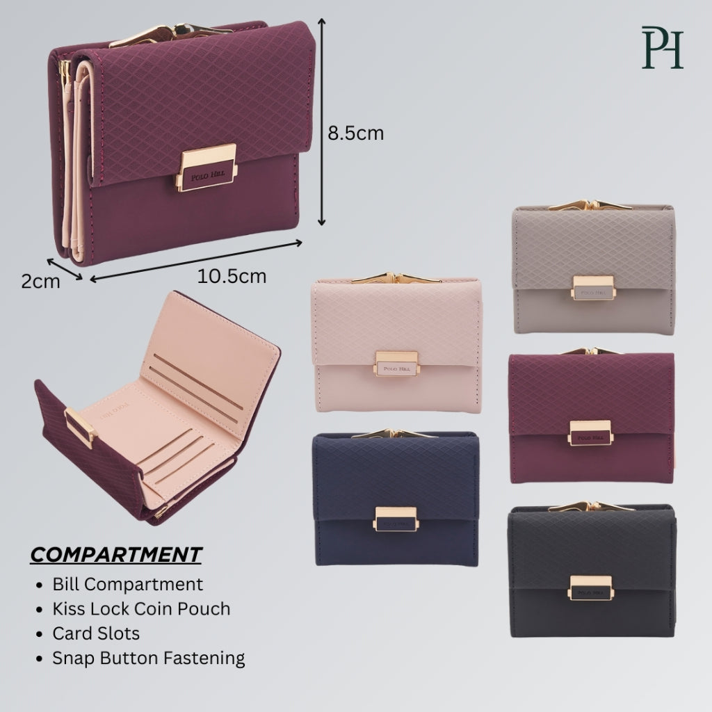Polo Hill Ladies Tri-Fold with Kiss Lock Coin Pouch Purse PW116
