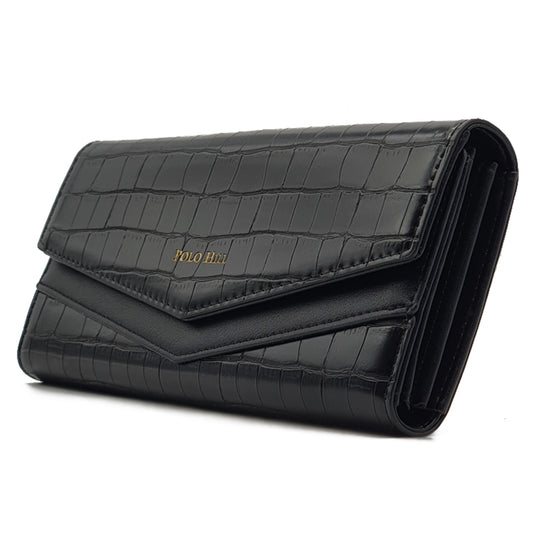 Croc Textured Long Flap Over Tri-Fold Wallet