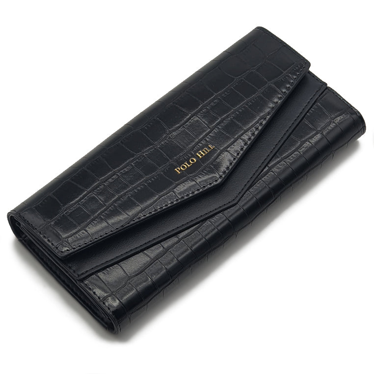 Load image into Gallery viewer, Croc Textured Long Flap Over Tri-Fold Wallet
