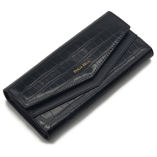 Croc Textured Long Flap Over Tri-Fold Wallet