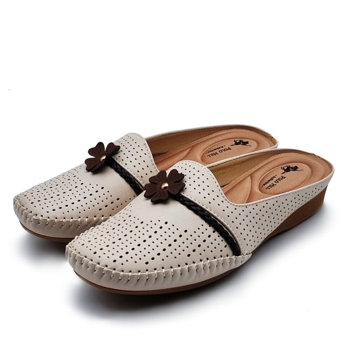 Half Slip On Mules Shoes with Centre Flower Detail