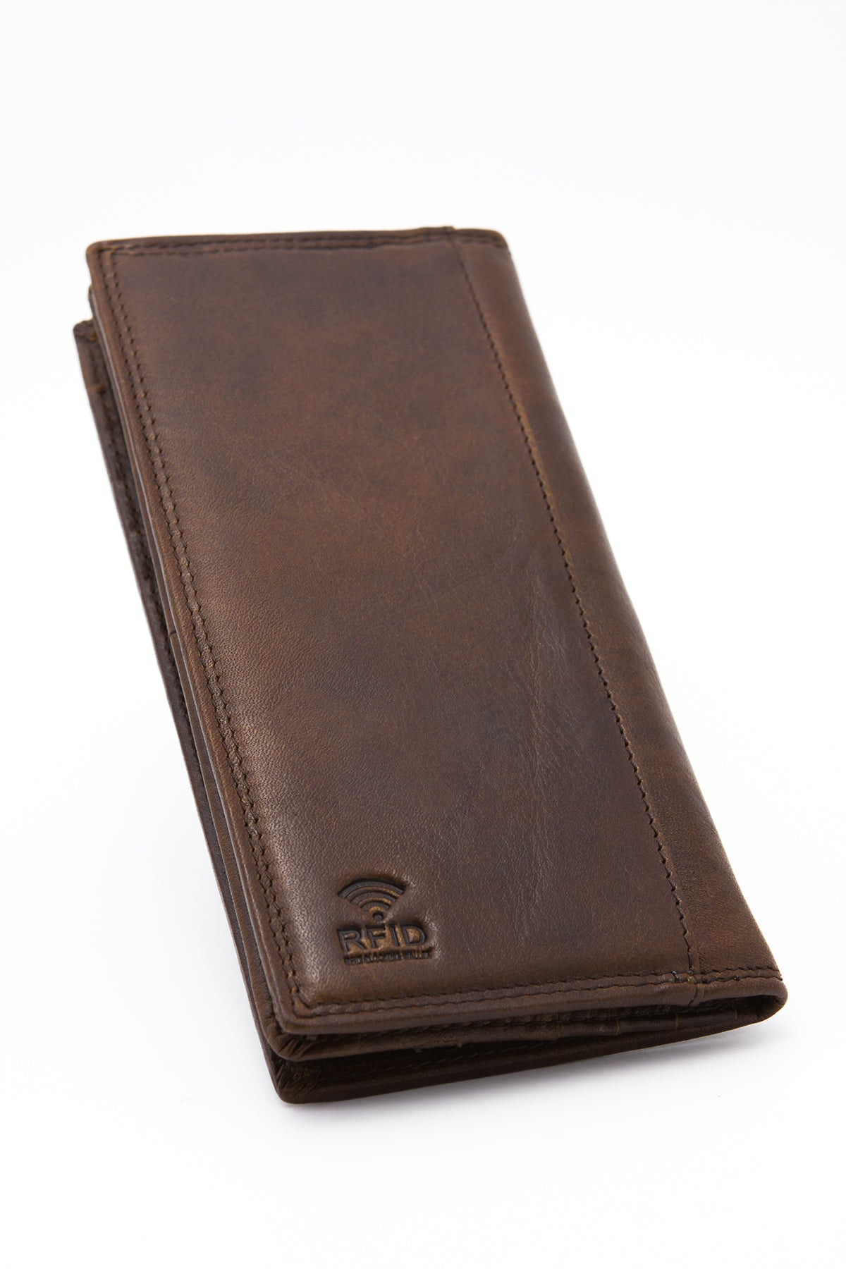 Brown RFID Blocking Genuine Leather Long Bi-Fold Wallet