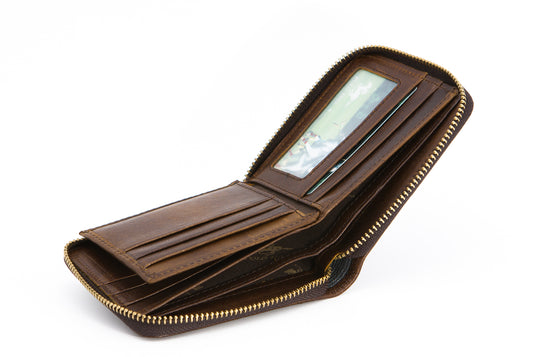 Brown RFID Protected Genuine Leather Ziparound Wallet - ID Windows
