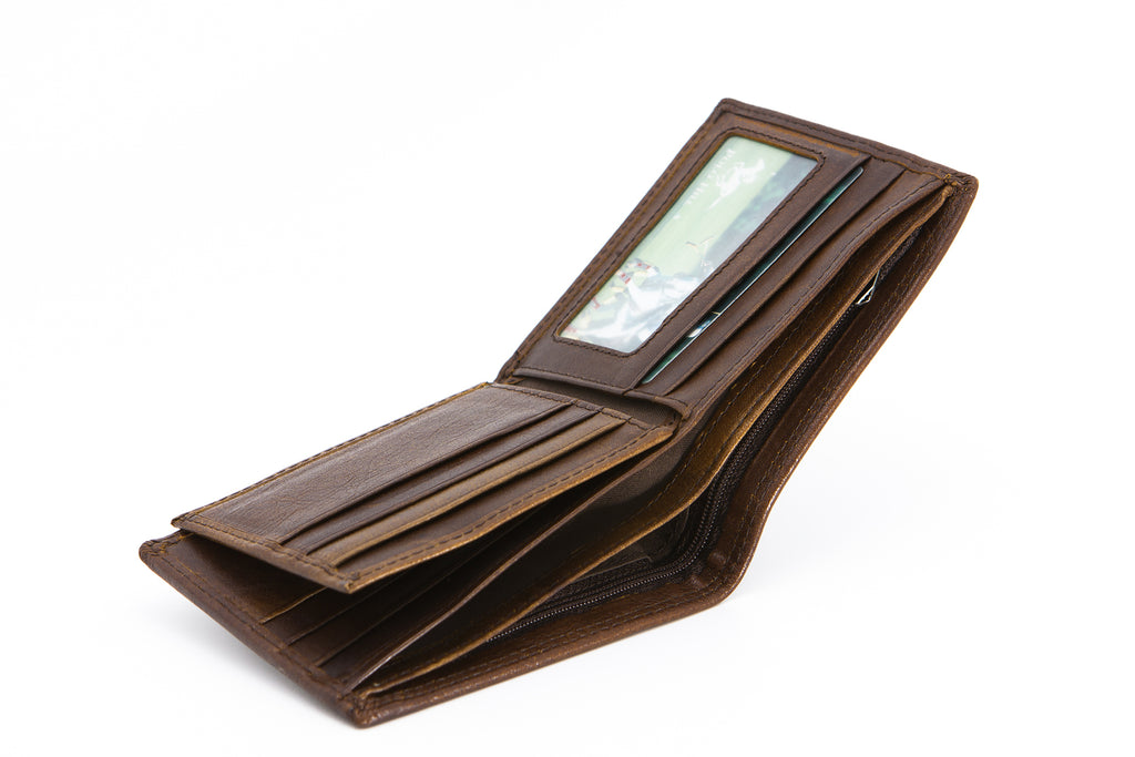 Brown RFID Protected Genuine Leather Bi-Fold Wallet - ID Windows