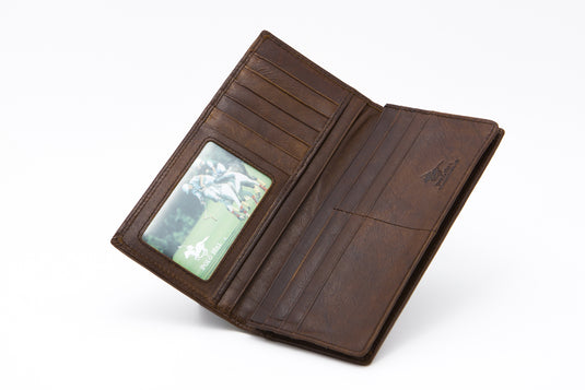 Brown RFID Blocking Genuine Leather Long Bi-Fold Wallet