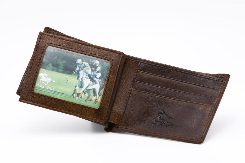Brown RFID Protected Genuine Leather Bi-Fold Wallet - ID Windows